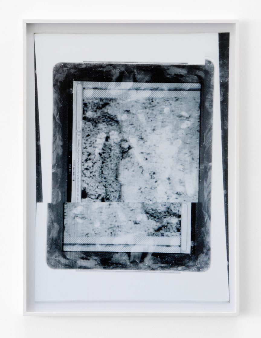 Framed composite with tablet frame and overlapping printed fragments